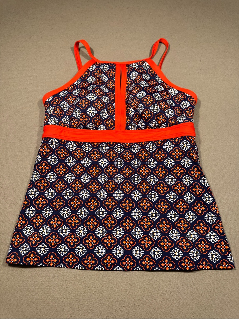 Navy & Orange Patterned Tankini Top padded women’s 8 swimsuit top lands end